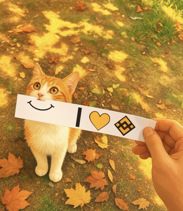 An adorable orange and white kitten holds a paper sign reading "I ❤️ [Binance logo]" against an autumn leaf-strewn background, visually endorsing the call to bring cat-themed tokens like $CATE and $CASHCAT to the Binance platform.