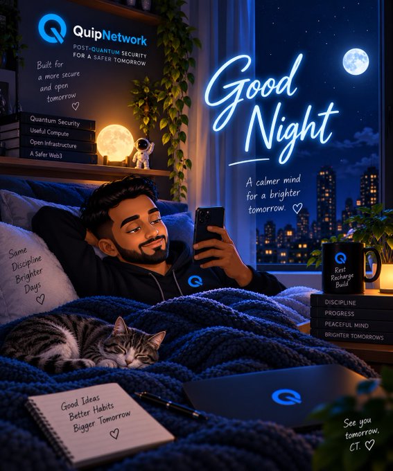 An illustrated promotional image for "Quip Network" showing a man relaxing in bed using his phone with a sleeping cat beside him, accompanied by text including "POST-QUANTUM SECURITY FOR A SAFER TOMORROW" and "Good Night".