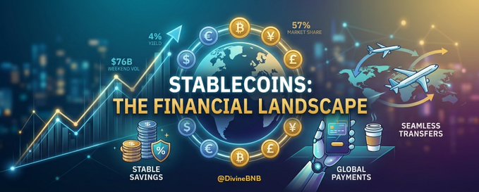 A promotional graphic titled "STABLECOINS: THE FINANCIAL LANDSCAPE" by @DivineBNB showing currency symbols, market share statistics (57%), $76B weekly volume, and 4% yield across a globe, with labels for stable savings, global payments, and seamless transfers.
