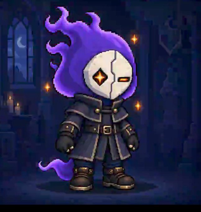 A 2D game character with purple flame-like hair, a white mask with an orange eye, and dark armor standing in a gothic room.