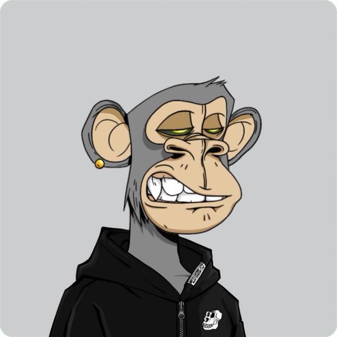 A cartoon illustration of a smug-looking monkey wearing a black hoodie with a small skull logo, set against a plain gray background, resembling Bored Ape Yacht Club NFT style.