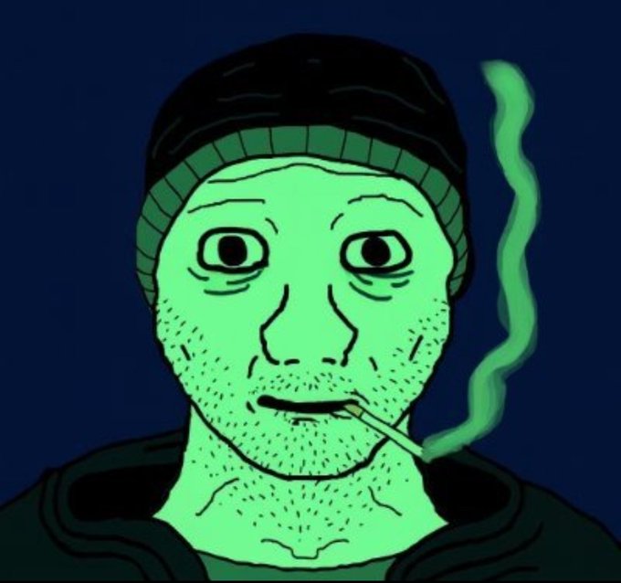 A green-tinted "Wojak" meme character wearing a beanie smokes a joint against a dark blue background, evoking a relaxed, bullish crypto sentiment. The post references a "generational breakout" for $LINK (Chainlink) against Bitcoin, with the stoned, unfazed Wojak visually representing the confident, "we're so back" mood surrounding the so-called "great decoupling."