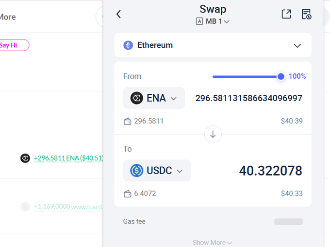 A cryptocurrency swap interface showing conversion of 296.5811 ENA ($40.39) to 40.322078 USDC on the Ethereum network, with visible transaction details.
