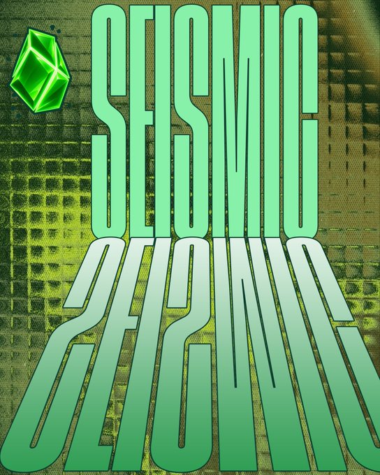 A green graphic design with the mirrored text 'SEISMIC SEASON' and a green gem logo in the upper left corner over a textured background.