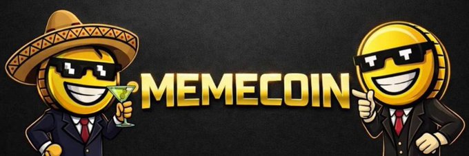 Two cartoon gold coins wearing sunglasses—one in a sombrero and suit holding a margarita, the other in a business suit pointing—are flanking the bold text "MEMECOIN" on a dark background, serving as the updated profile banner for the $memecoin token now live on Moby's token page.