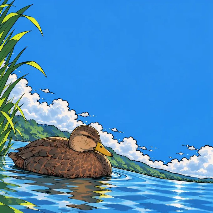 A digital illustration depicts a brown duck swimming in blue water with green foliage and a bright cloudy sky in the background.