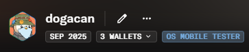 A dark game interface showing a 'dadgacan' username with three character options: 'SEP 2025', '3 WALLETS', and 'US MOBILE TESTER'.