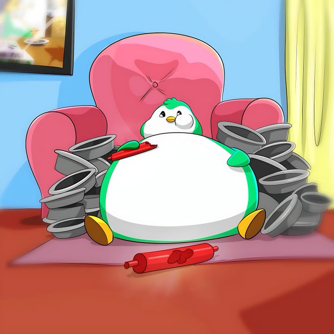 An illustration of a chubby green and white penguin-like character sitting on a pink chair surrounded by stacks of gray containers, holding a red crayon with another crayon on the floor.
