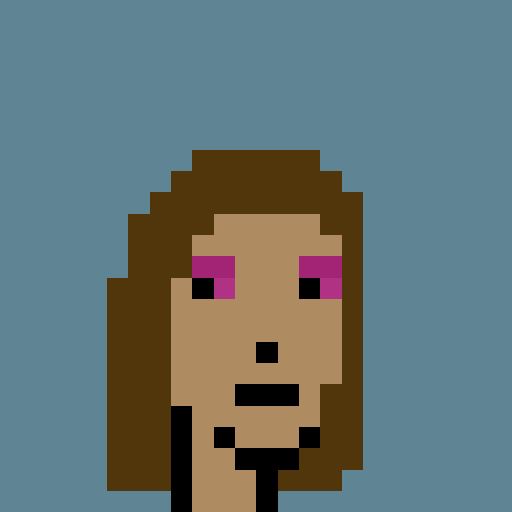 A pixel art portrait of a person with brown hair, pink eyeshadow, and dark lipstick set against a solid blue background.