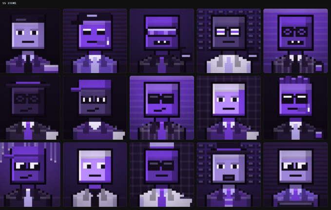 A grid of pixel art avatars features various characters styled in suits and sunglasses with a purple color palette.
