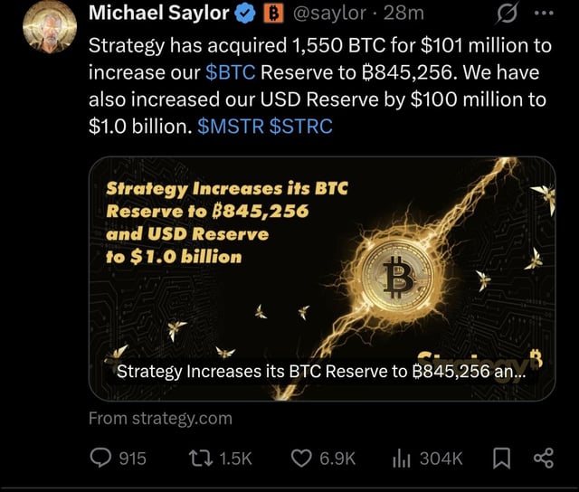 In the image, there's a post from Michael Saylor that features an interesting logo of a gold circle with a lightning bolt behind it. The post discusses strategies in increasing Bitcoin reserves, and how it has increased the Reserve to $84826,2655. The post also mentions that Strategy increases its Bitcoin reserves by increasing the reserve for $84826,2655. This can be done either through mining or through exchanges like Coinbase and BtcExchange.