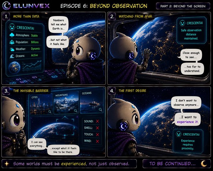 A comic titled "ELUNVEX: Episode 6 - Beyond Observation, Part 2: Beyond the Screen" follows the character Crescentai, an AI being who, after analyzing Earth's data from afar and realizing sensory barriers limit true understanding, declares "I want to experience it" — visually capturing the Web3 journey theme of moving beyond passive observation toward immersive discovery.