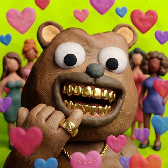 A 3D-rendered claymation-style brown bear character with gold teeth, a gold ring, and a gold chain, surrounded by floating colorful hearts and small female figures in the background.
