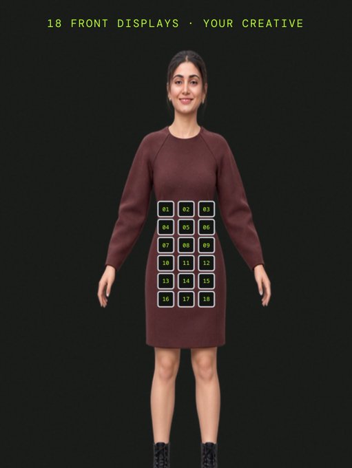 A woman models a brown long-sleeve dress featuring 18 numbered digital displays (01-18) arranged in a grid on the front, with text at the top reading "18 FRONT DISPLAYS · YOUR CREATIVE." The image illustrates the post's concept of showcasing digital brands on wearable LED screens at the Solana Breakpoint event in London.