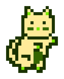 The image features a cartoon-style cat as its central focus, with a green body and yellow fur. The cat has pink ears and a small nose that is also green, giving it a distinctive appearance. It appears to be standing upright on four paws, possibly posing for an illustration or photograph. In the background, there are lines running along the top left corner of the image.