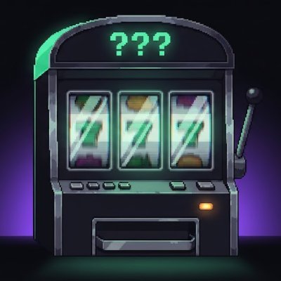 A pixel art illustration of a slot machine with three sevens visible on the reels, three green question marks on the top display, and a lever on the right side against a purple and black background.