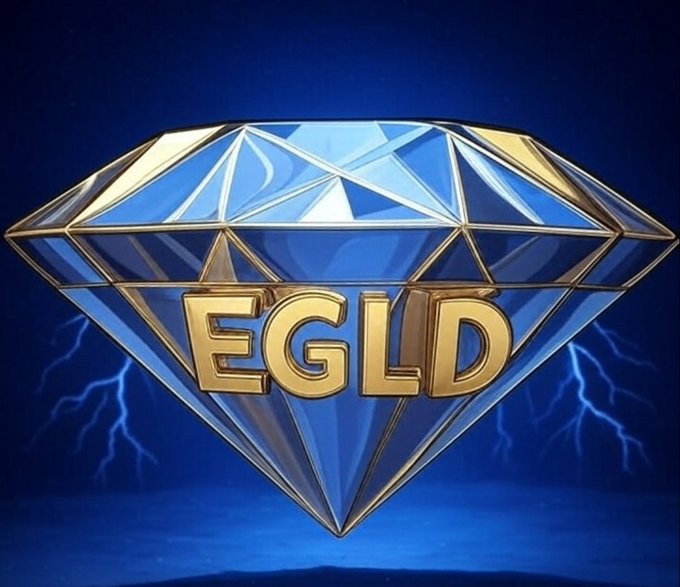 A digital illustration shows a large blue diamond with gold 'EGLD' lettering against a dark blue background with lightning effects.