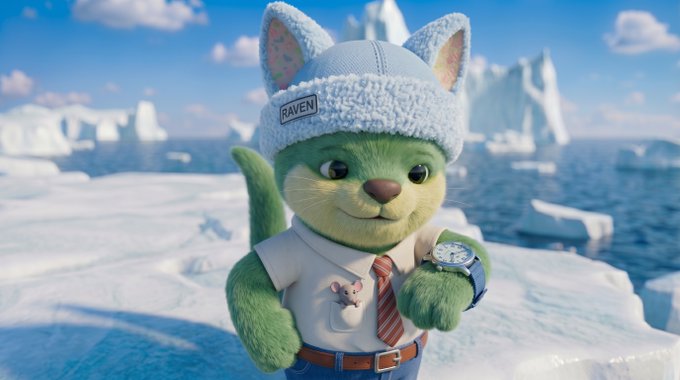 The image features a small stuffed animal, possibly a cat or kitty, wearing a hat, shirt, and tie while standing on snow-covered ground. It appears to be looking at someone or something off-camera with an expression of sadness. The background shows a frozen landscape, which might be related to the character's situation in the story about mints. In this context, there is also a reference made to mints being distributed for minting during the Community Phase. This could imply that mints have been minted and some people are getting them as part of the distribution process.