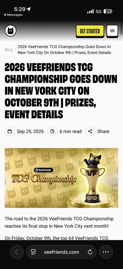 A mobile screenshot of an article from veefriends.com titled '2026 VEEFRIENDS TCG CHAMPIONSHIP GOES DOWN IN NEW YORK CITY ON OCTOBER 9TH | PRIZES, EVENT DETAILS,' dated Sep 25, 2026.