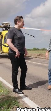 Elon Musk stands next to a yellow helicopter with the text "Starship Louise" displayed at the bottom.