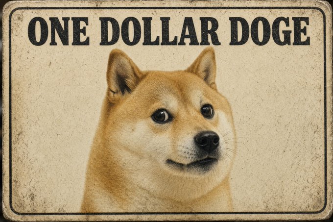 A vintage-style sign reads "ONE DOLLAR DOGE" featuring a portrait of a Shiba Inu dog, humorously referencing the Dogecoin cryptocurrency's famous mascot. The aged, weathered aesthetic combined with the "breakout is coming" caption plays on nostalgic imagery to build anticipation for a potential price surge.