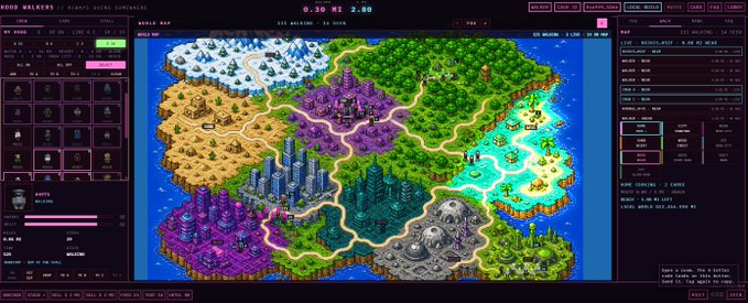 A screenshot of a retro-styled, cyberpunk-themed browser-based game titled 'HOOD WALKERS' displays an isometric world map with varied terrains and a sidebar interface showing character stats and equipment.