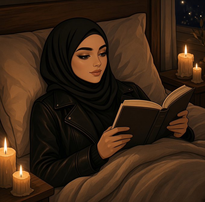 An illustrated woman wearing a black hijab and leather jacket reads a book in bed, illuminated by lit candles in a cozy, dimly lit room.