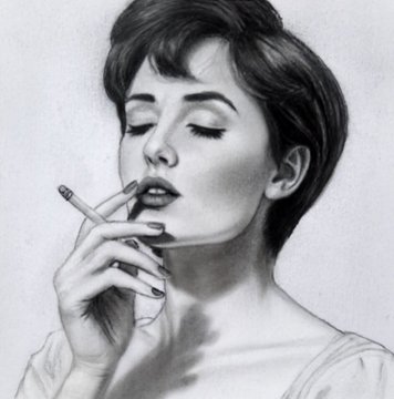 A black-and-white illustration of Audrey Hepburn holding a cigarette near her face.