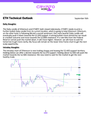 Septamber Oulnk 'ETH Technical Outlook' report by Daily Altsignals covering the Daily candle of Ethereum and ETH/USDT pair, including an Ichimoku Analysis and trend charts.