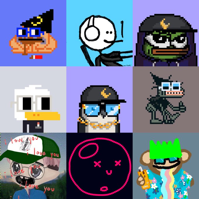 Grid of nine pixel and cartoon art avatars including characters with glasses, helmets, hats, and a pink neon face outline.