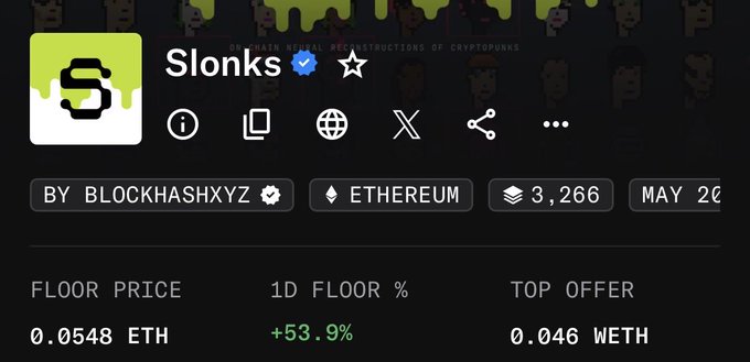 The image shows an NFT collection stats page for "Slonks" by BlockhashXYZ on Ethereum, displaying a floor price of 0.0548 ETH with a +53.9% 1-day floor increase and a top offer of 0.046 WETH. This aligns with the post highlighting the Slonks collection's recent price surge from 0.04 ETH to 0.055 ETH, illustrating the rapid upward momentum mentioned.