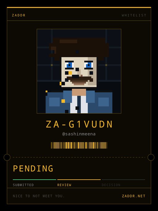A digital whitelist card showing a pixel-art character portrait with the text 'ZADOR', 'WHITELIST', 'ZA-G1VUDN', '@sashinneena', a barcode, and a progress bar indicating 'PENDING' status at the 'REVIEW' stage, with 'ZADOR.NET' at the bottom.