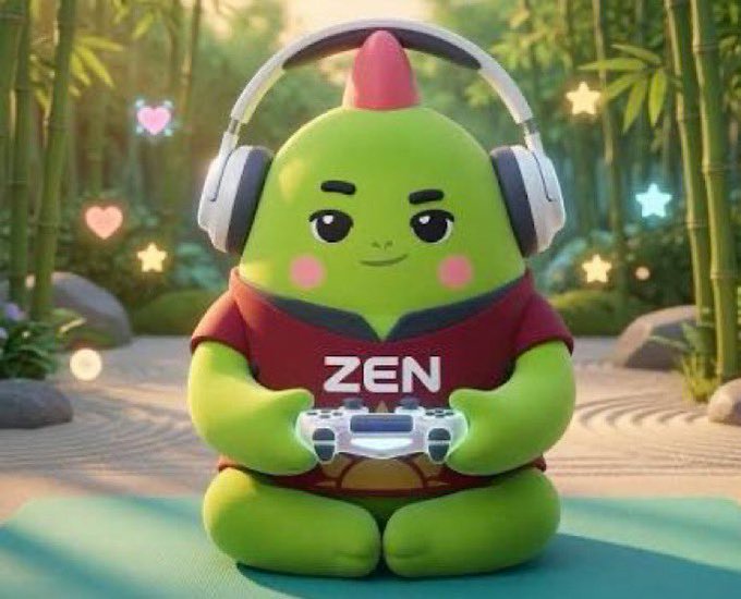 An adorable green character wearing a red "ZEN" shirt sits peacefully with headphones and a game controller, surrounded by floating hearts and stars in a serene bamboo forest, embodying the calm yet engaging rest-focused gaming experience promoted by Sleepagotchi.