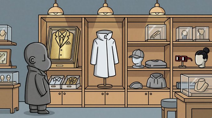 A gray cartoon figure in a coat browses a high-end boutique displaying luxury items like a white hooded coat, suits, and accessories in glass cases, evoking the exclusivity and rarity emphasized in the post about shopping for unique traits before the July 22nd snapshot.