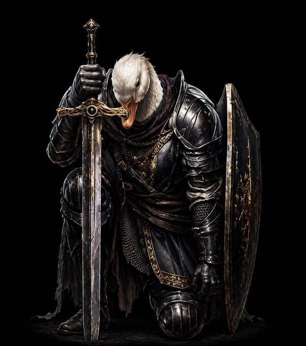 A detailed 3D rendering portrays a duck-headed warrior in dark, ornate medieval armor, kneeling while holding a large sword and shield against a black background.