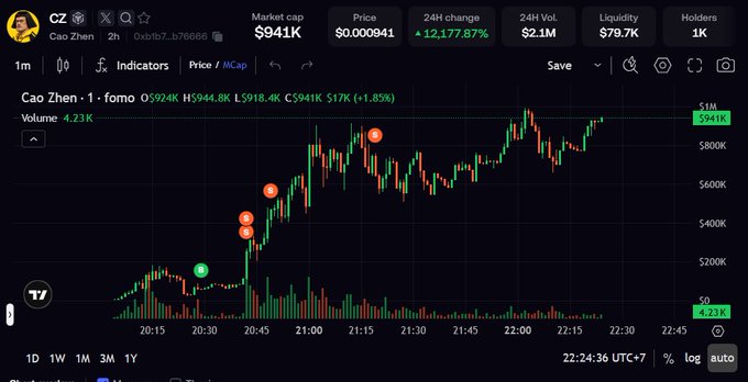 A cryptocurrency chart for 'CZ' (Cao Zhen) showing a market cap of $941K, a 24H change of 12,177.85%, with a dramatic price breakout around $25:00.