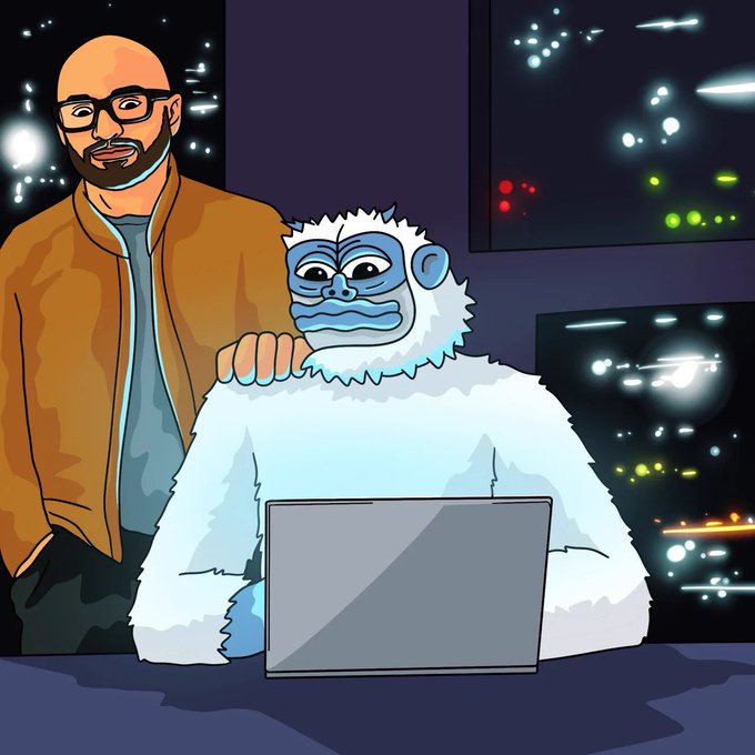A cartoon-style illustration shows a bald, bearded man with glasses standing behind a fluffy white yeti-like creature that's using a laptop, set against a backdrop of windows displaying city lights at night—evoking the meme-like, casual crypto vibe referenced in the caption. The image playfully reflects the post's meme coin enthusiasm for $LOFI and $SUI, with the yeti (a nod to LOFI's mascot) working alongside a crypto advocate figure.