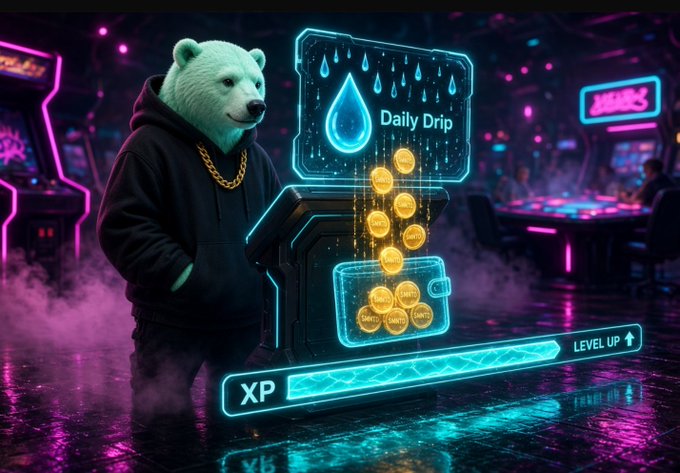A neon-lit gaming scene featuring a character in a bear mask and hoodie next to a "Daily Drip" rewards kiosk dispensing coins, with an "XP" progress bar labeled "LEVEL UP" at the bottom.