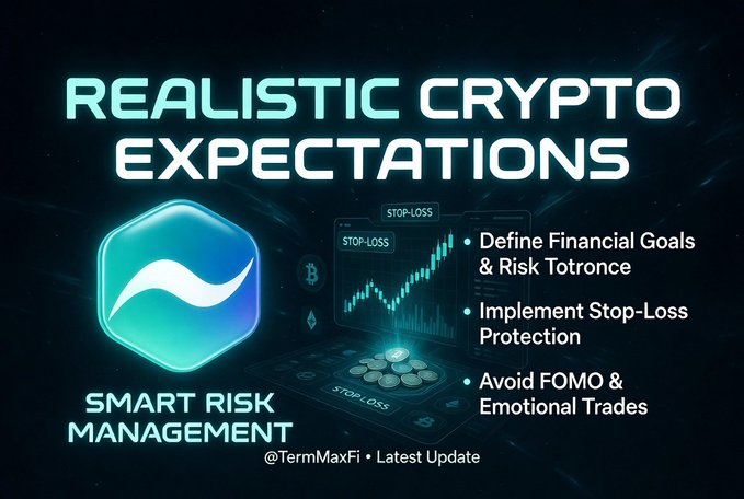 An infographic titled 'Realistic Crypto Expectations' from @TermMaxFi promoting smart risk management, defining financial goals, implementing stop-loss protection, and avoiding FOMO/emotional trades.