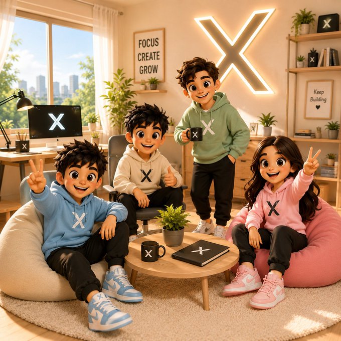 A 3D-animated illustration shows four children in a bright room with 'X' symbols on their hoodies, surrounding a table with 'FOCUS CREATE GROW' and 'Keep Building' signs on the wall.