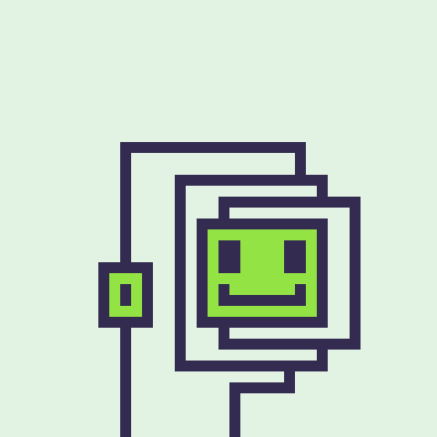 A pixel-art style green smiling face displayed inside a dark rectangular frame, connected by lines to a smaller rectangle on the left, set against a pale green background.