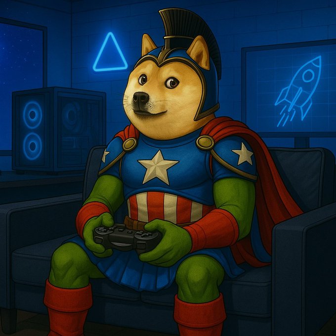 A cartoon-style illustration of a Shiba Inu dog dressed as a superhero in a Captain America-like costume, holding a video game controller in a gaming room with neon signs.