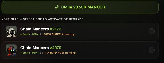 A dark interface showing a 'Claim 20.53K MANCER' option with two Chain Mancers NFTs (#2172 and #4970) pending Mancer rewards.