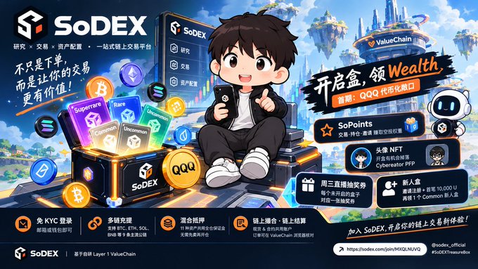 A promotional banner for "SoDEX" features a chibi-style character sitting on a treasure chest with various cryptocurrency logos, advertising a launch event and NFT features with QQ token integration.