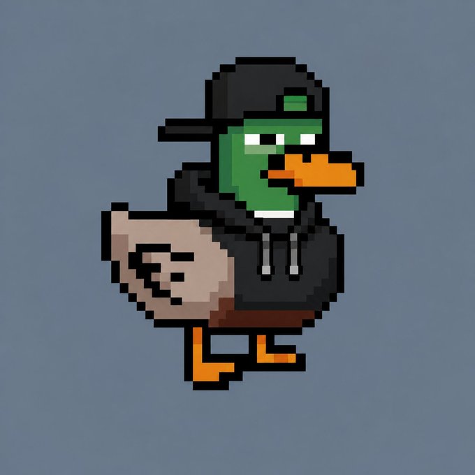 Pixel art illustration of a green-headed duck wearing a black backwards cap and hoodie, holding a large bag of money, walking on orange legs.