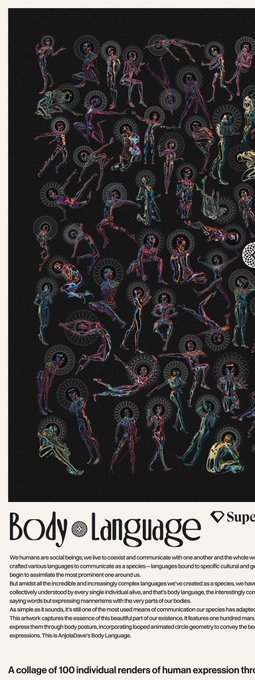 A collage of numerous colorful, glossy humanoid figures in various poses on a black background, titled "Body Language" with text describing how humans use body language as a species, noting it captures 'every single individual alive' through 'this art practice' and 'animated circle geometry'.