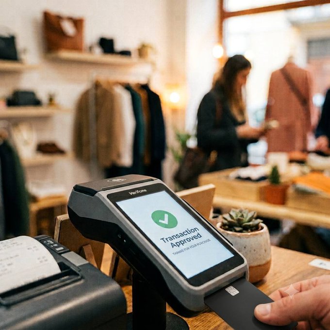 A Verifone payment terminal displays a "Transaction Approved" message with a green checkmark, while a hand inserts a card in a retail clothing shop.