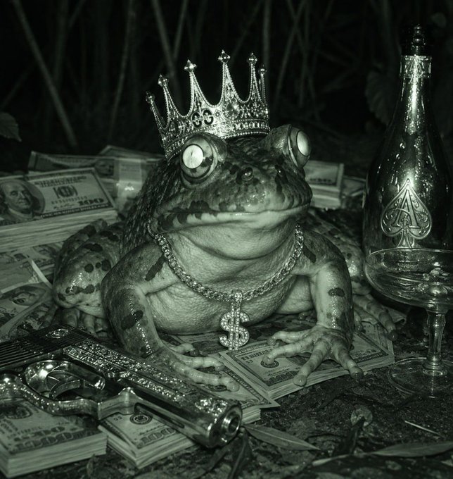 A black-and-white artistic image of a frog wearing a crown and a dollar sign pendant, sitting on a pile of hundred-dollar bills next to a decorative bottle, a pistol, and jewelry.