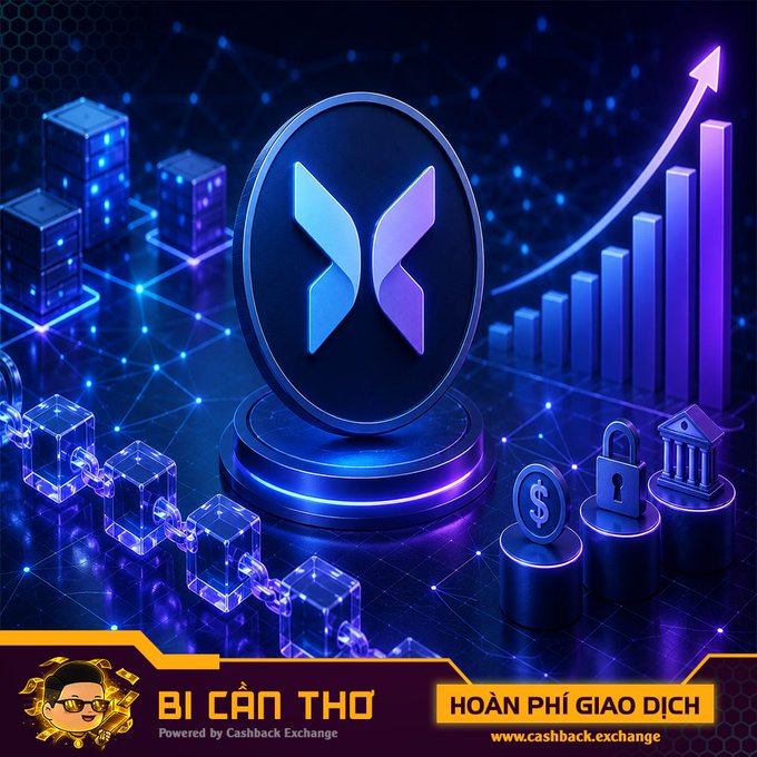 A promotional graphic for a crypto exchange featuring the XRP logo, a rising bar chart, blockchain imagery, and text reading 'BÍ CÂN THƠ', 'HOÀN PHÍ GIAO DỊCH', and 'www.cashback.exchange'.