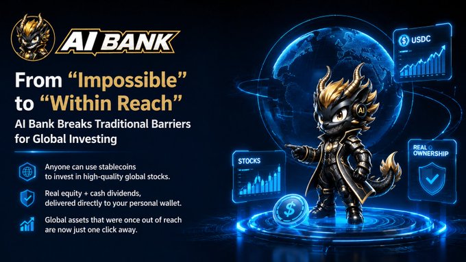 An advertisement for "AI BANK" featuring a mascot character in a black and gold suit, promoting global investment through stablecoins with text 'From "Impossible" to "Within Reach"'.